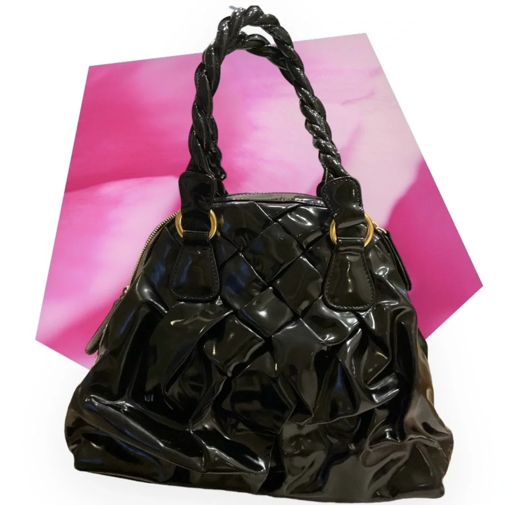 Valentino Garavani Black Patent Leather Braided Handle Shoulder Bag Tote w/ wear - Picture 1 of 16